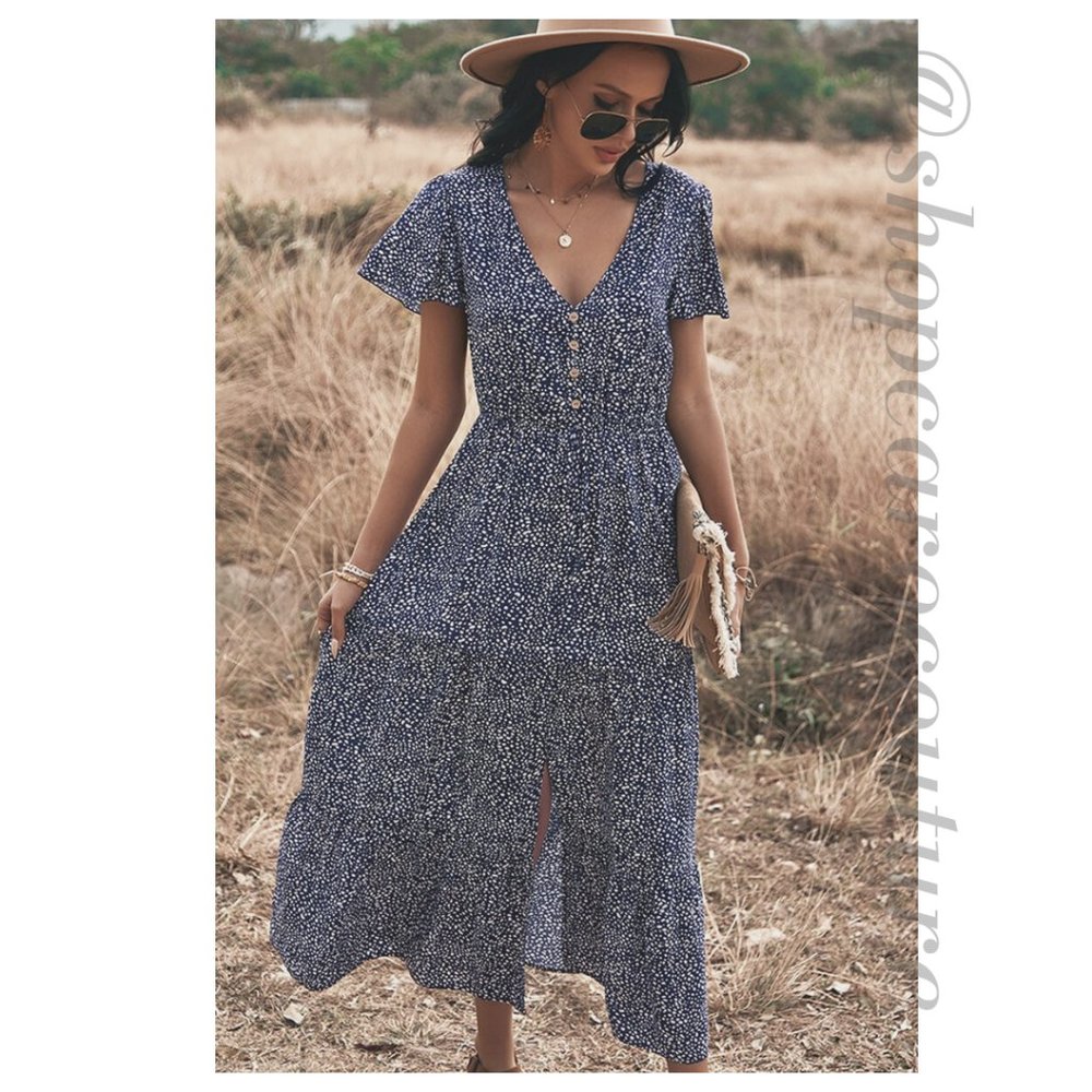 Flutter Sleeve Polka Dot Midi Dress, NWT - NAVY